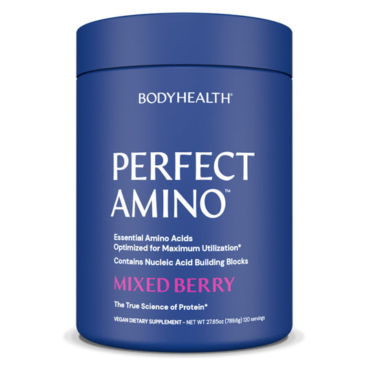 BodyHealth envase frontal PerfectAmino mostrando diseño y sabor Mixed Berry, claro beneficio visual