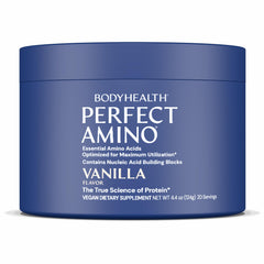 BodyHealth PerfectAmino frente del envase mostrando presentación y sabor vainilla, ideal para recuperación