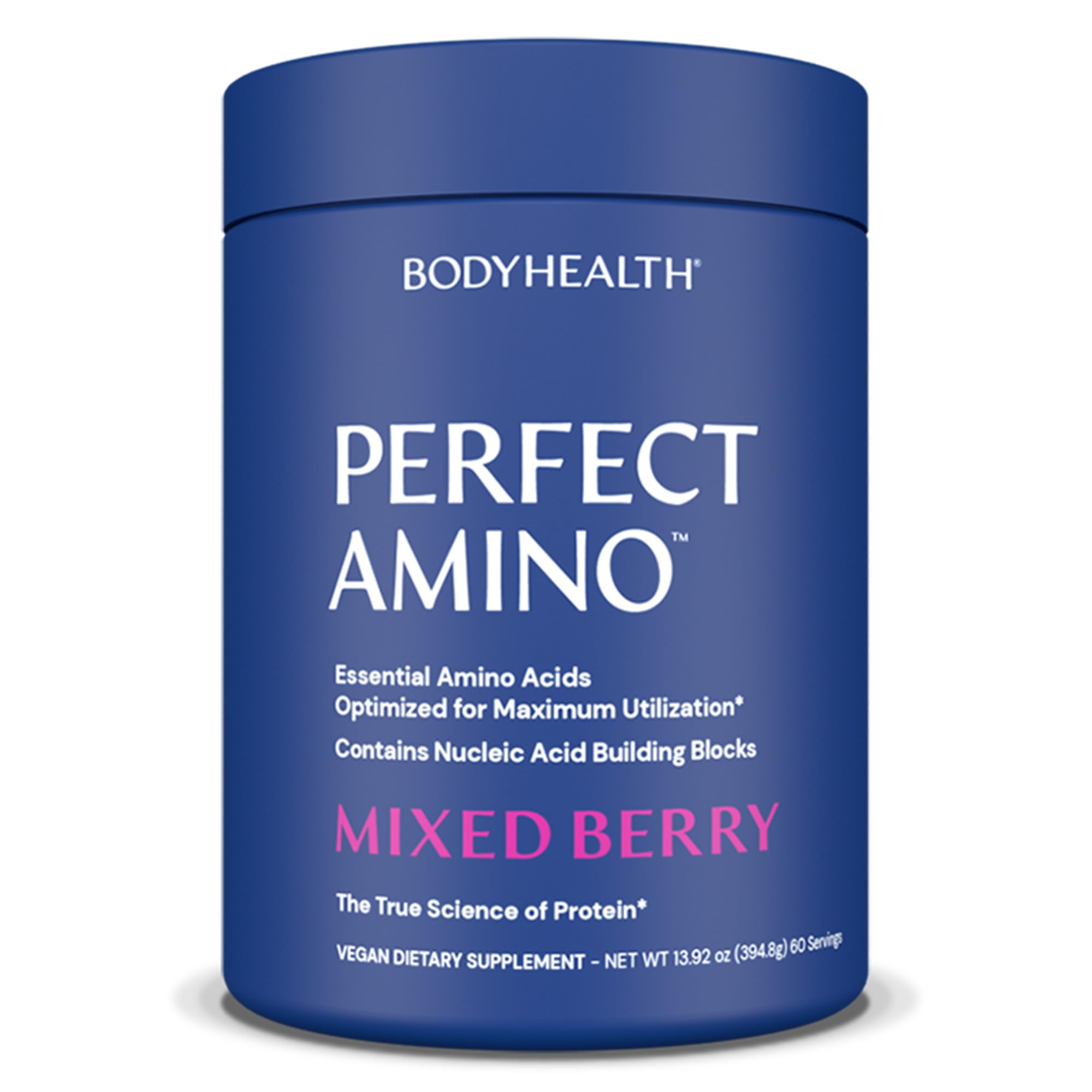 BodyHealth envase frontal de PerfectAmino mostrando el tamaño y sabor