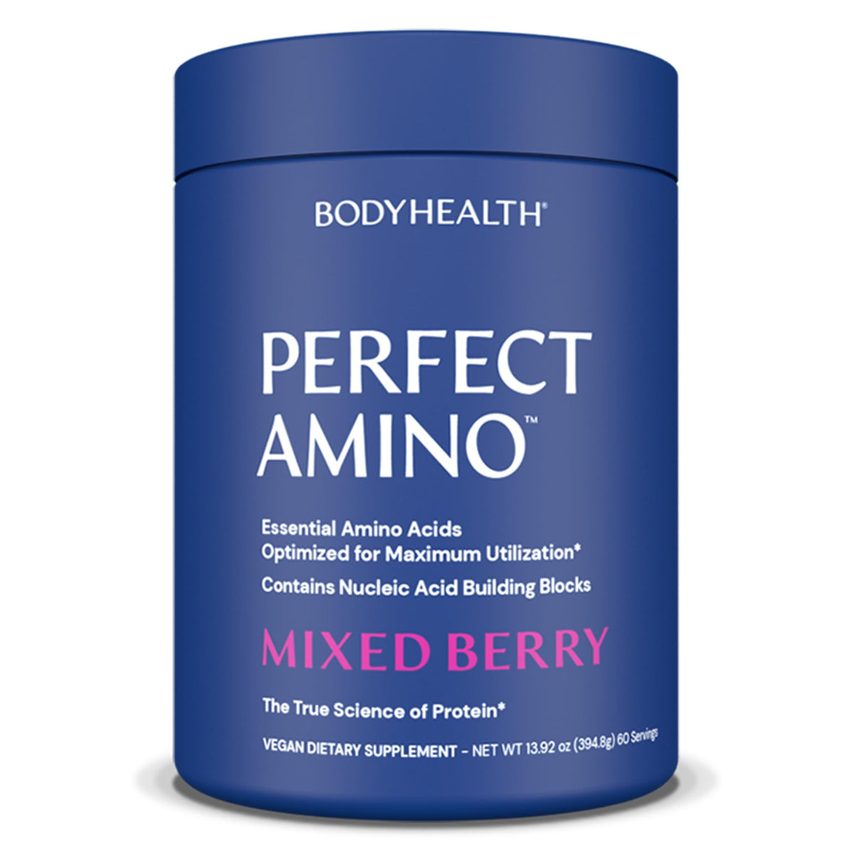 BodyHealth envase frontal de PerfectAmino mostrando el tamaño y sabor