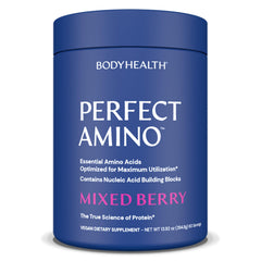 BodyHealth envase frontal de PerfectAmino mostrando el tamaño y sabor