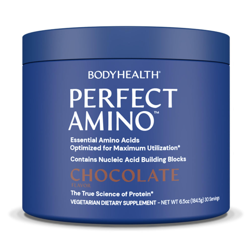 BodyHealth frasco PerfectAmino frente mostrando etiqueta y sabor chocolate