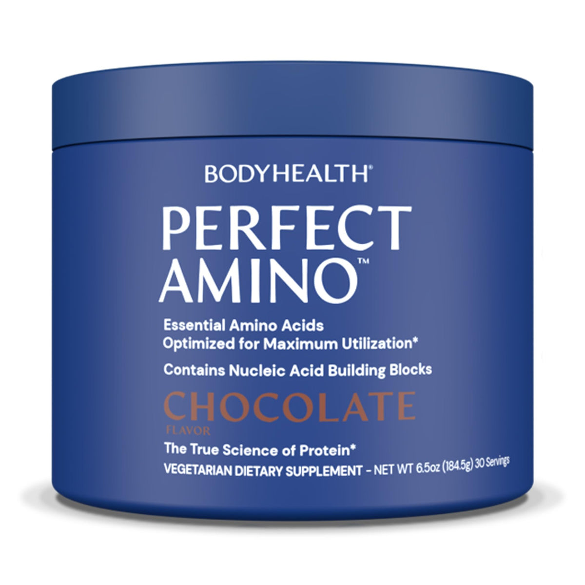 BodyHealth frasco PerfectAmino frente mostrando etiqueta y sabor chocolate
