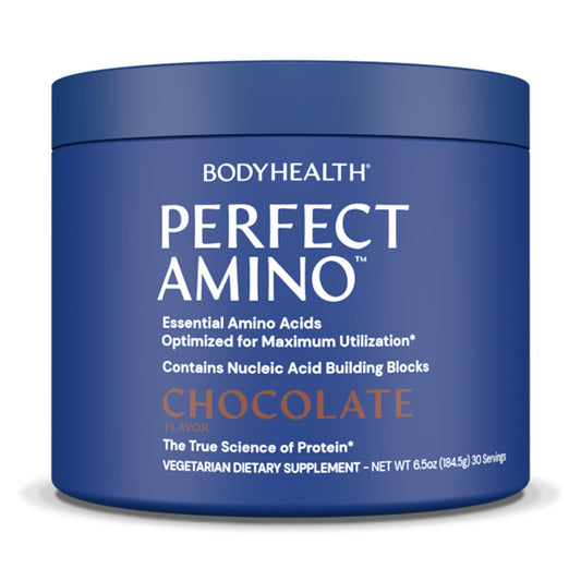 BodyHealth frasco PerfectAmino frente mostrando etiqueta y sabor chocolate