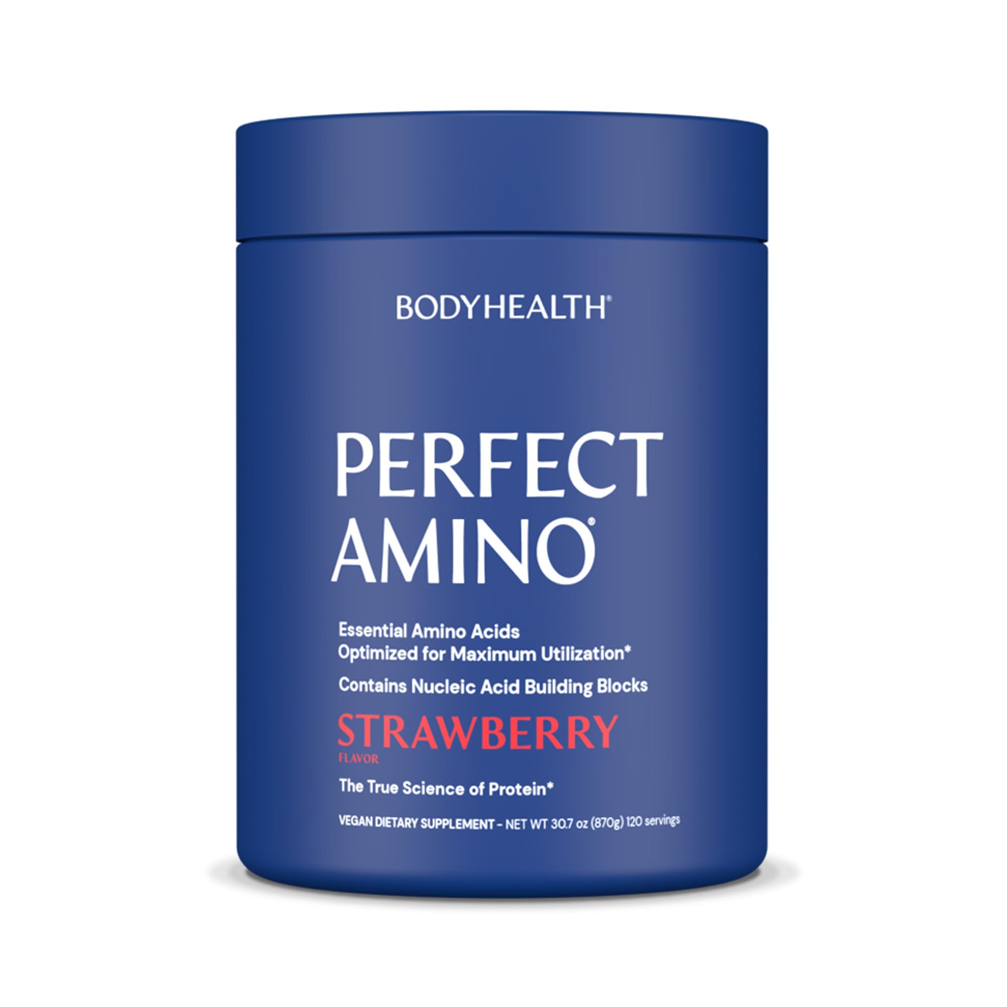 BodyHealth envase frontal de PerfectAmino fresa mostrando 120 servicios y beneficios