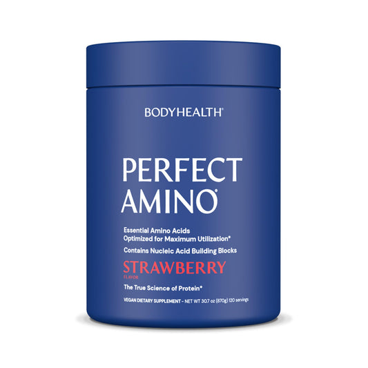 BodyHealth envase frontal de PerfectAmino fresa mostrando 120 servicios y beneficios