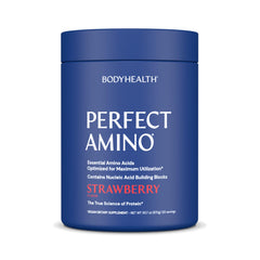 BodyHealth envase frontal de PerfectAmino fresa mostrando 120 servicios y beneficios