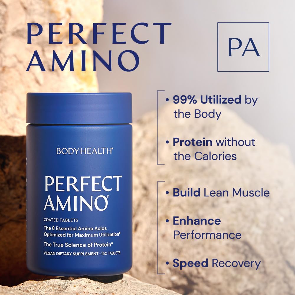 BodyHealth PerfectAmino primer plano del recubrimiento vegano y liso