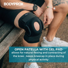 Bodyprox rodillera en uso durante carrera para soporte activo y movilidad
