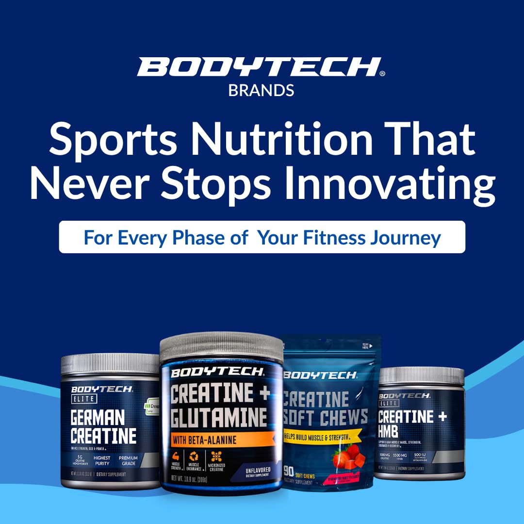 Comparación del envase BodyTech junto a objetos cotidianos para apreciar tamaño real