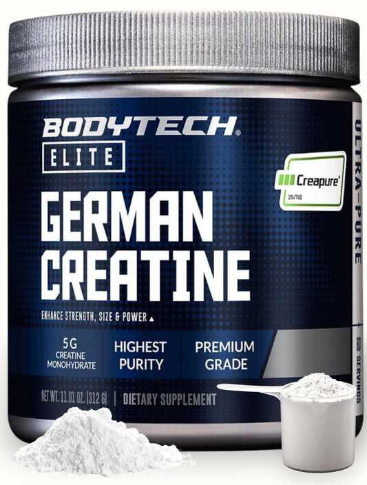 BodyTech envase frontal mostrando Creapure y 60 servicios, confianza visual