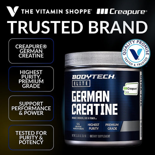 BodyTech textura del polvo Creapure en primer plano, mezcla homogénea fácil