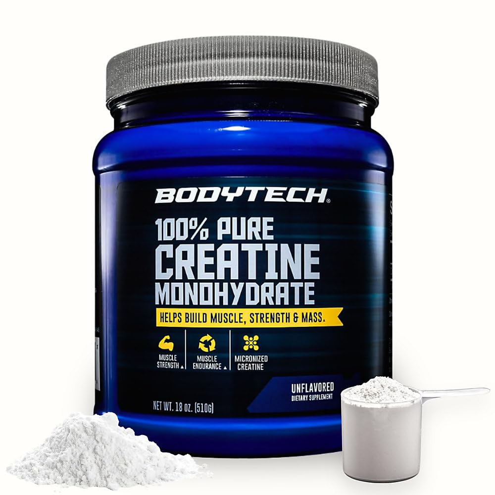 BodyTech envase frontal de creatina sin sabor mostrando tamaño y porciones