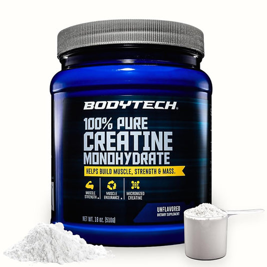 BodyTech envase frontal de creatina sin sabor mostrando tamaño y porciones