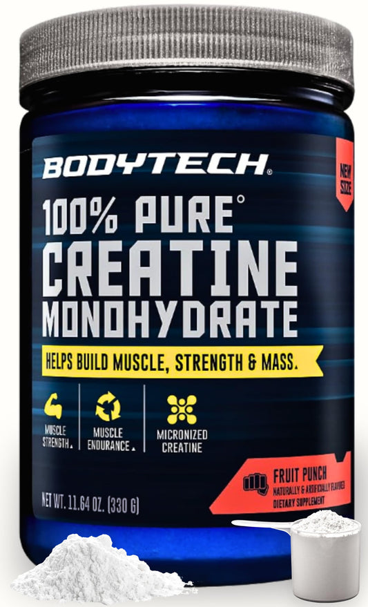 BodyTech creatina frente del envase mostrando marca y sabor para elección clara
