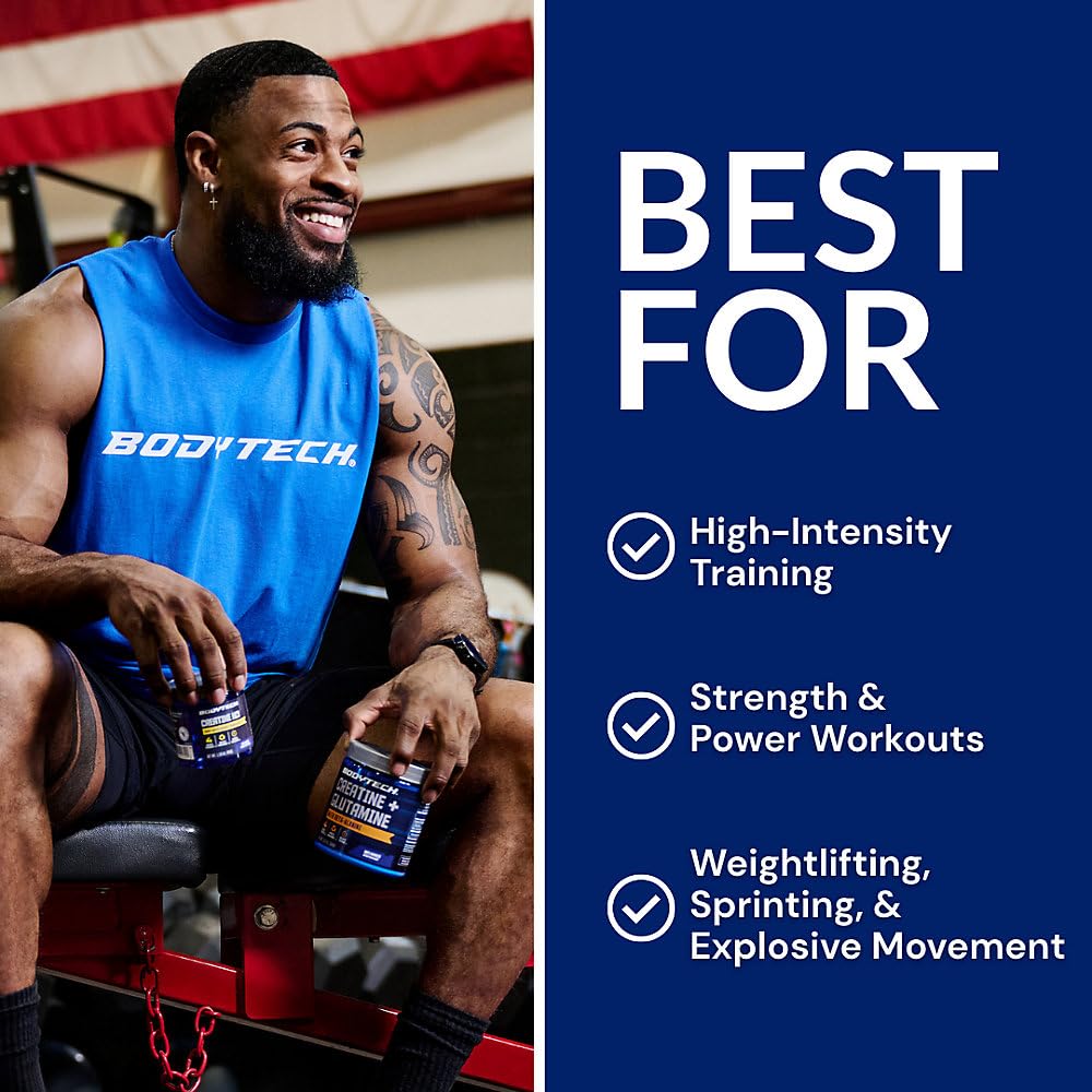 Escena de gimnasio con BodyTech Creatine en la mesa para rutina diaria