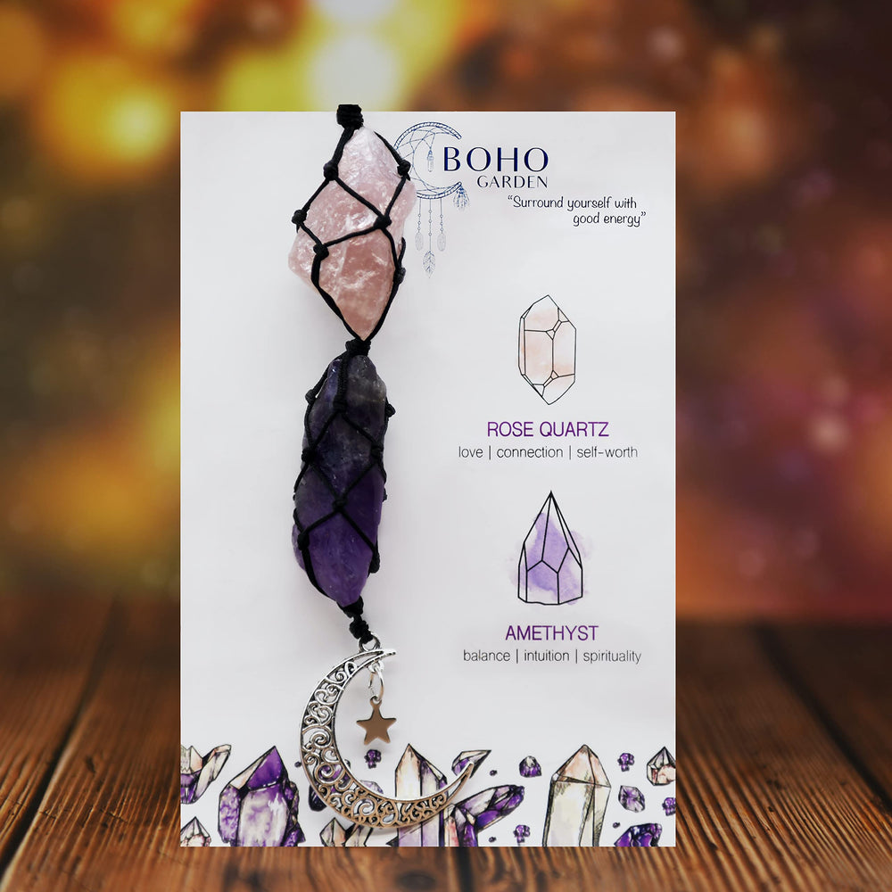 BOHO GARDEN primer plano de cuarzo rosa y amatista muestra textura natural