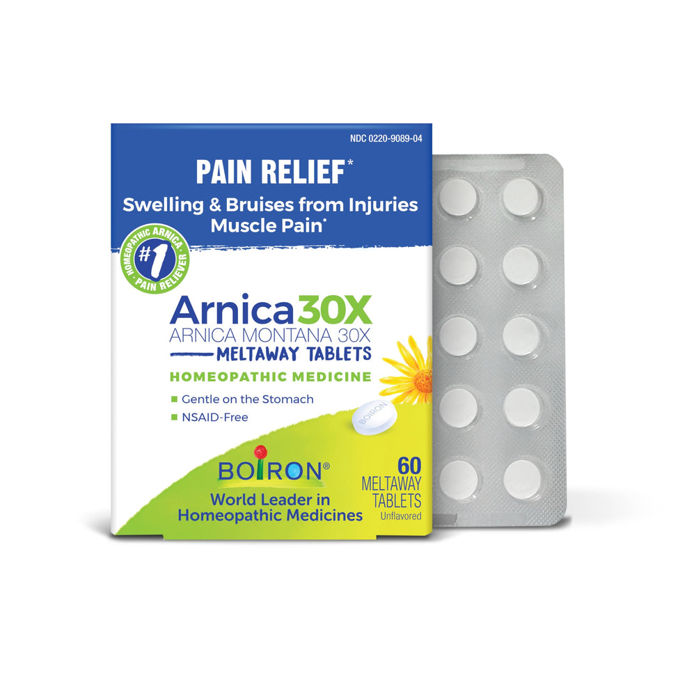 Boiron Arnica empaque frontal mostrando 60 tabletas y beneficios