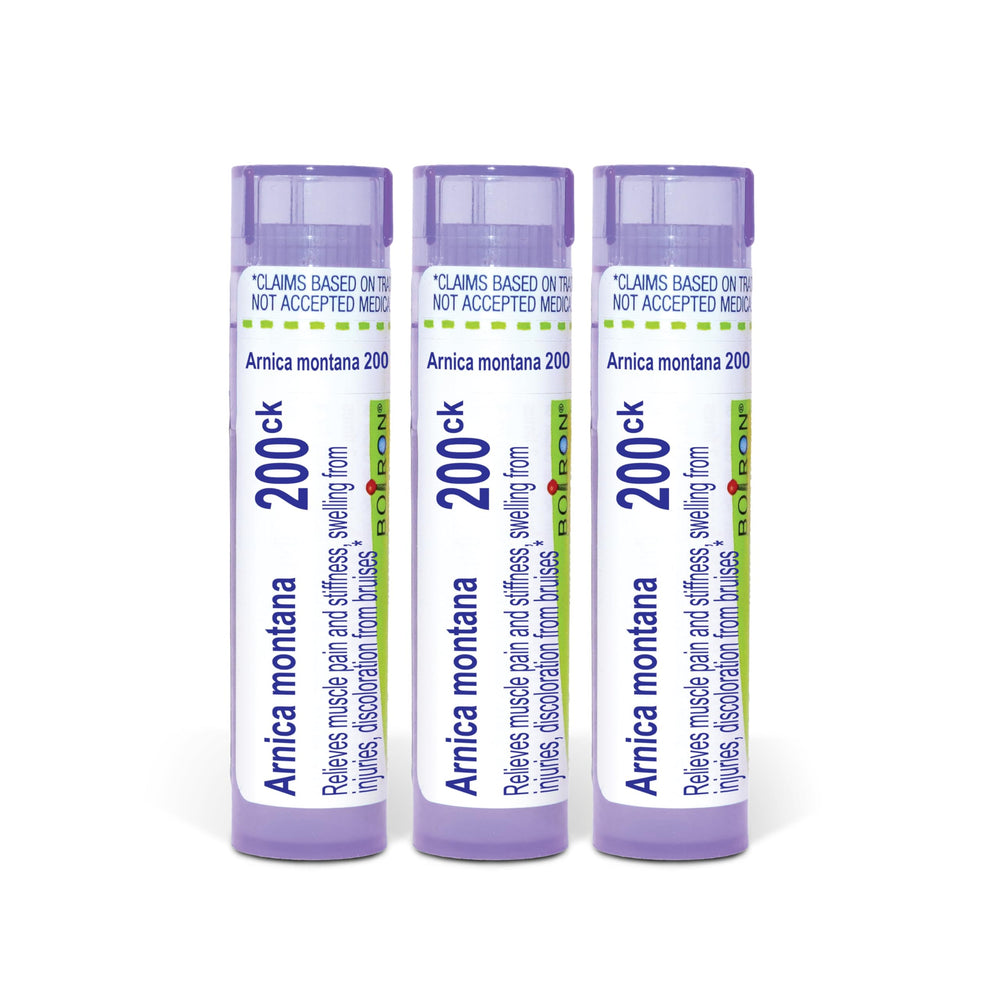 Boiron Arnica Montana frente del empaque mostrando beneficios portátiles