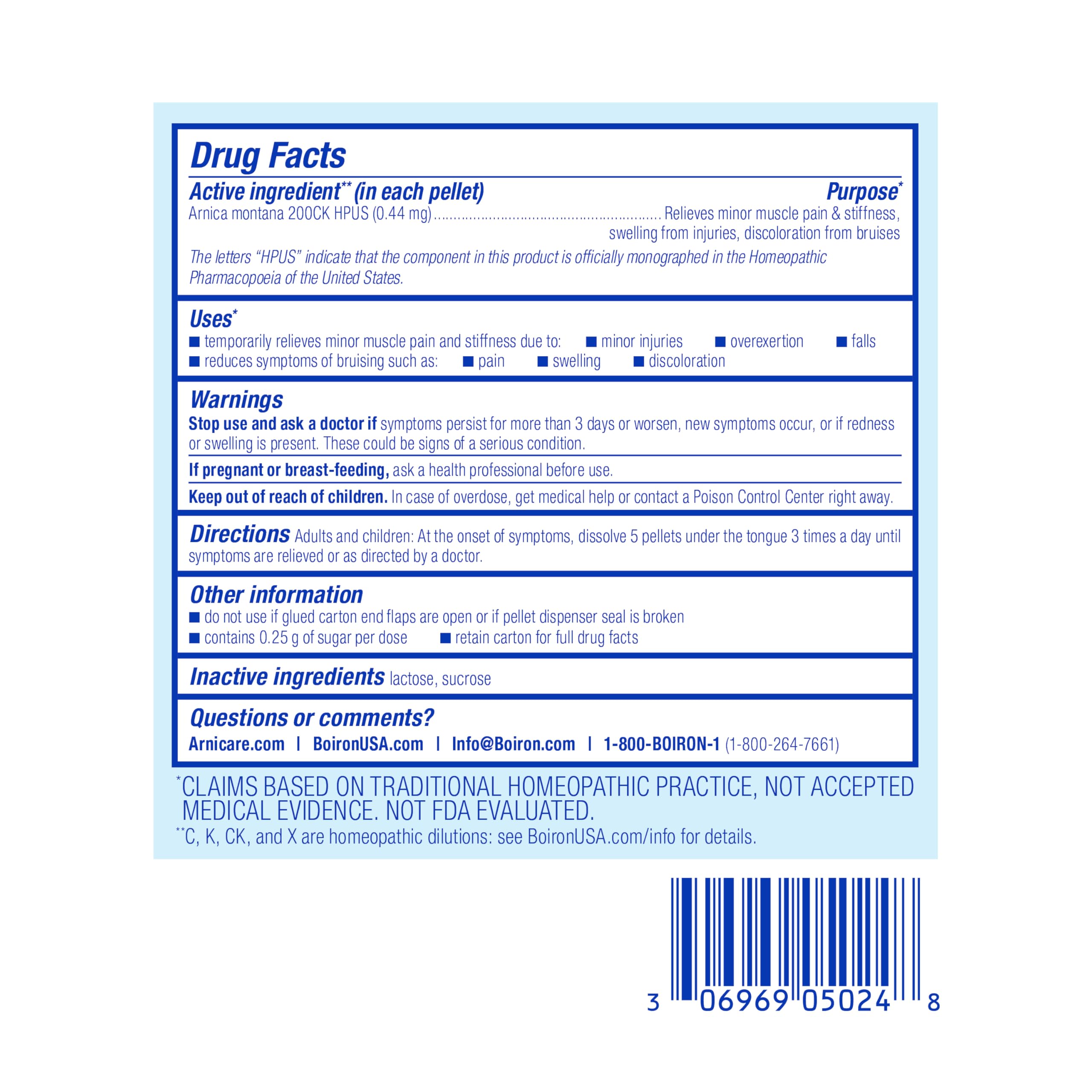 Boiron Arnica Montana etiqueta con indicaciones y lista de ingredientes para confianza