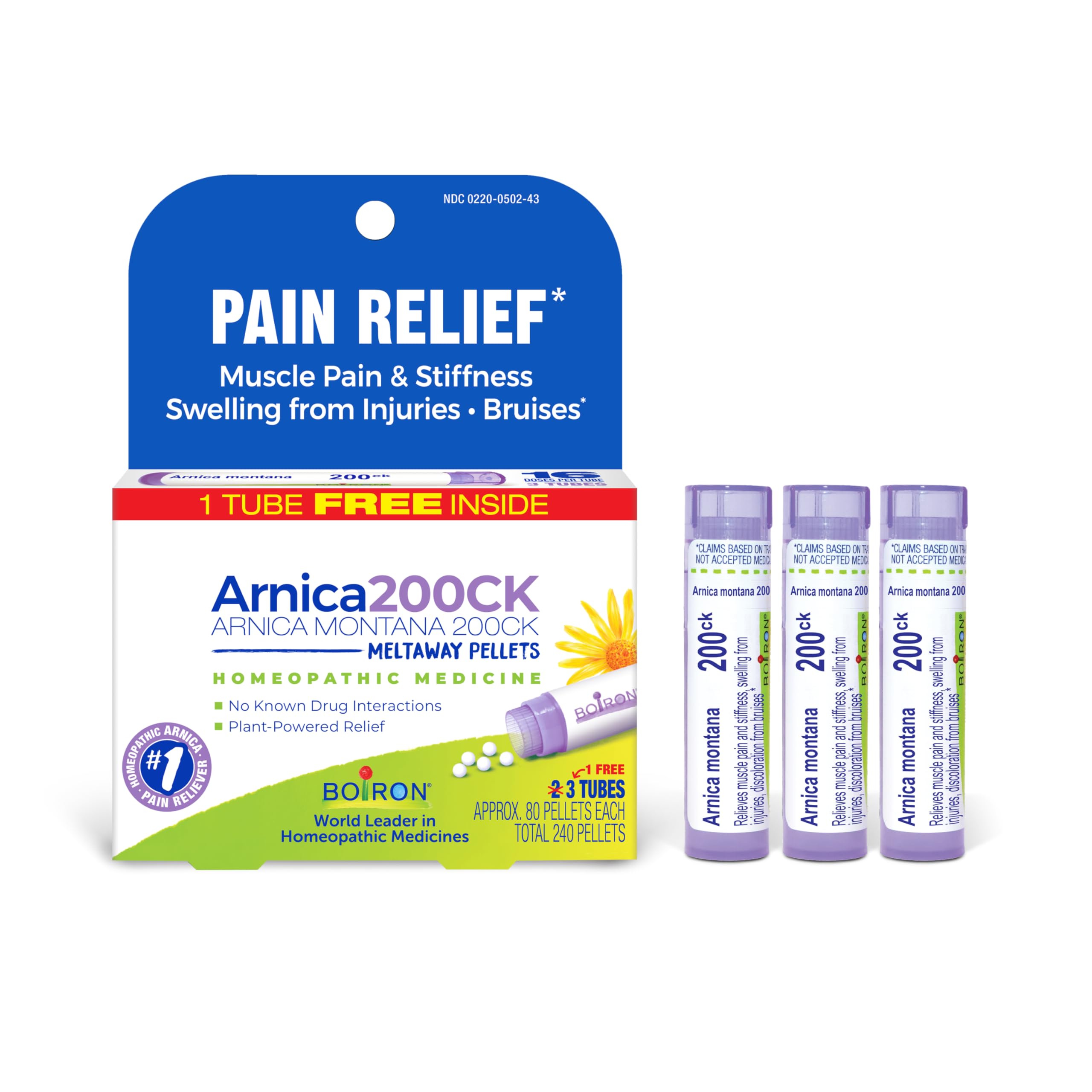 Boiron Arnica Montana frente del empaque mostrando tubos y pellets, práctico para viajes