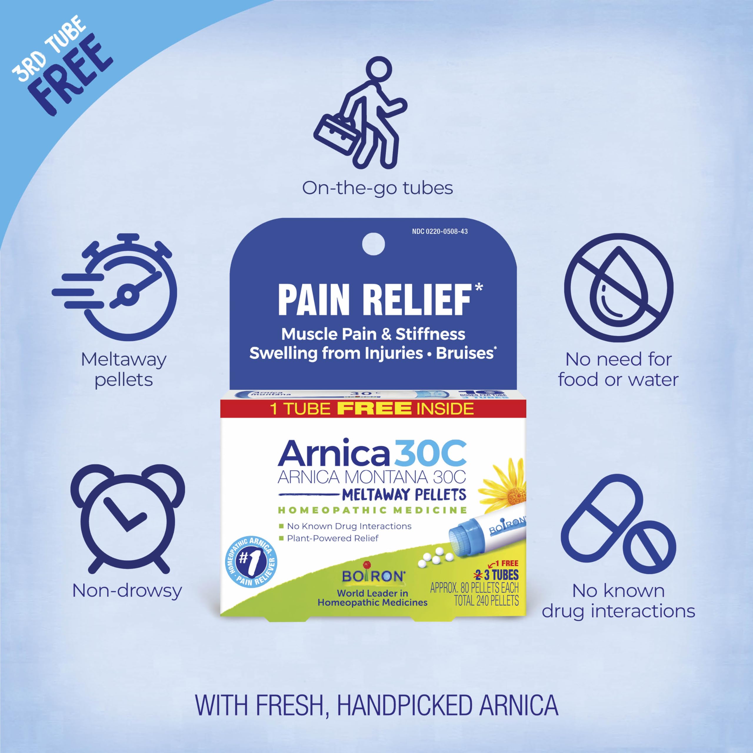 Boiron Arnica pellets en primer plano, disolución rápida bajo la lengua