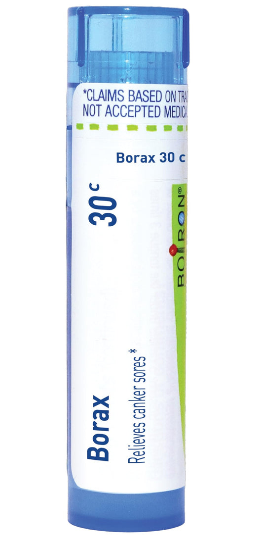 Boiron Borax 30C vista frontal del tubo, práctico para llevar