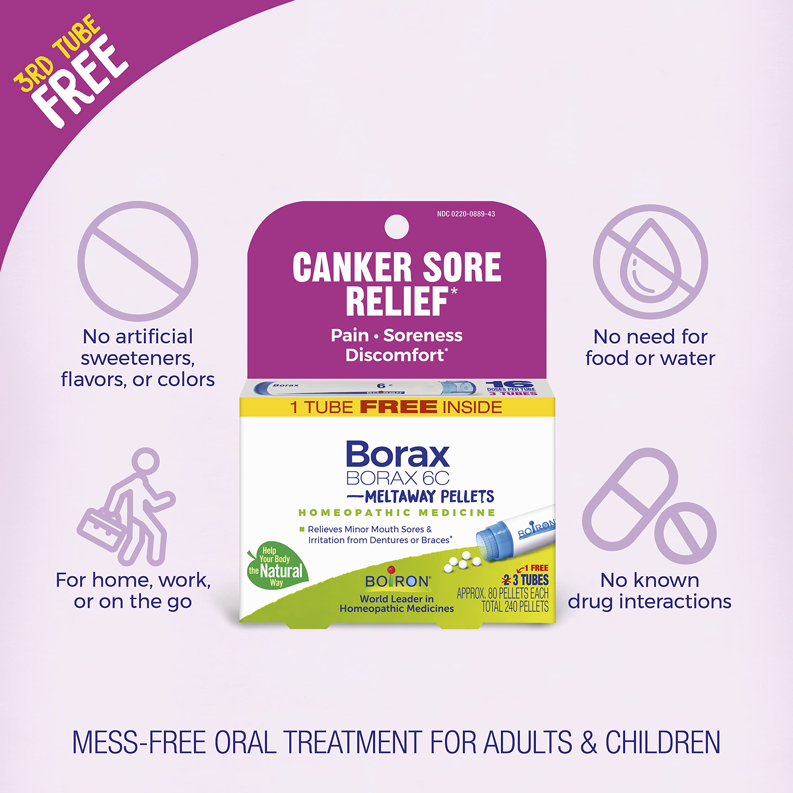 Boiron Borax pelletes cerca mostrando forma y facilidad de disolución