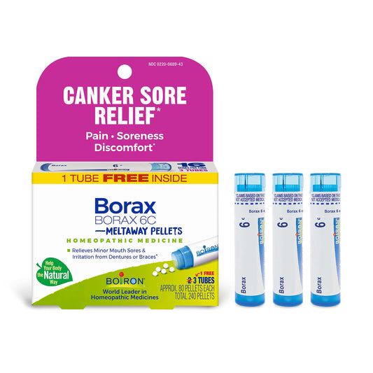 Boiron Borax frontal del empaque con vista clara y portátil