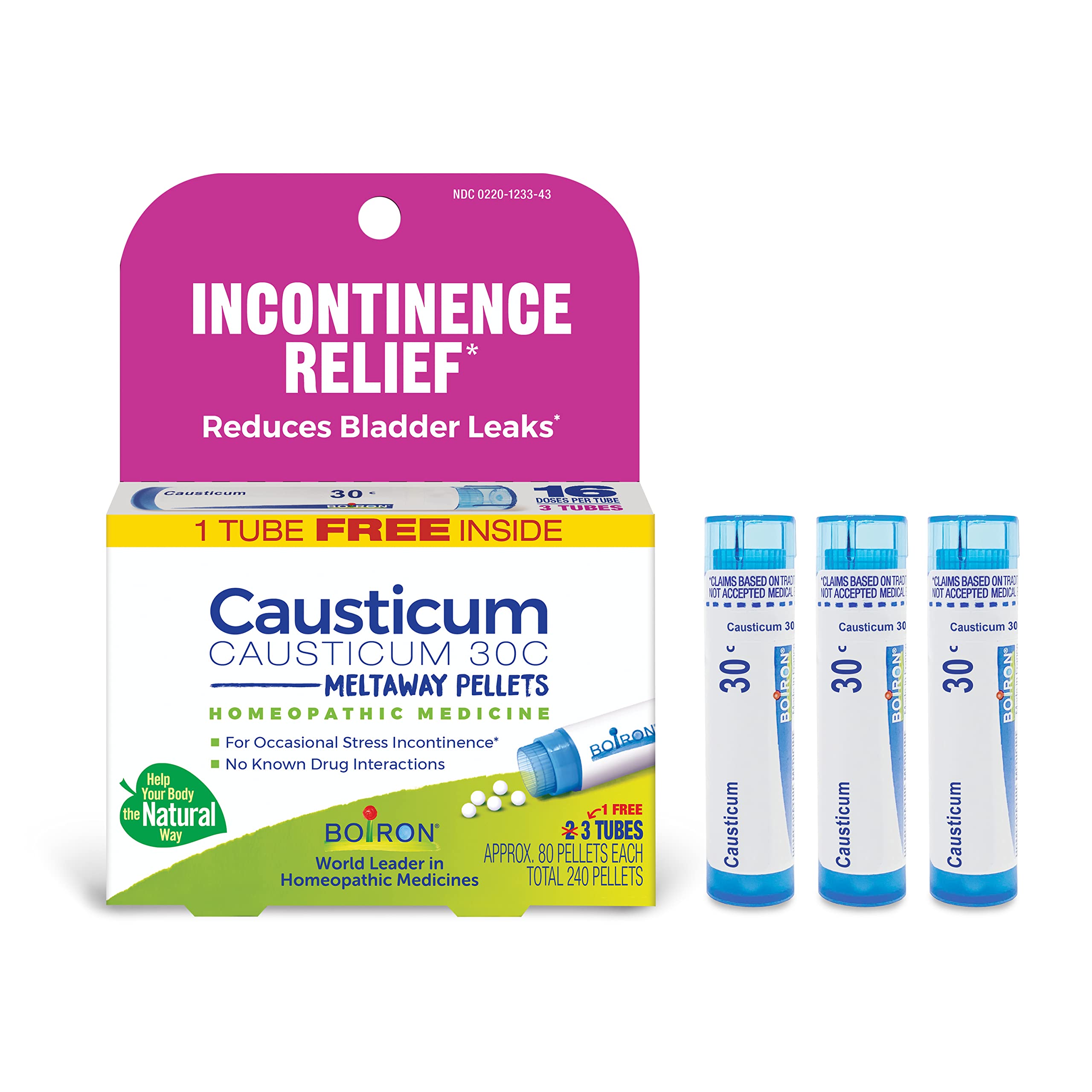 Boiron Causticum frente del empaque mostrando tubos y beneficios portátiles