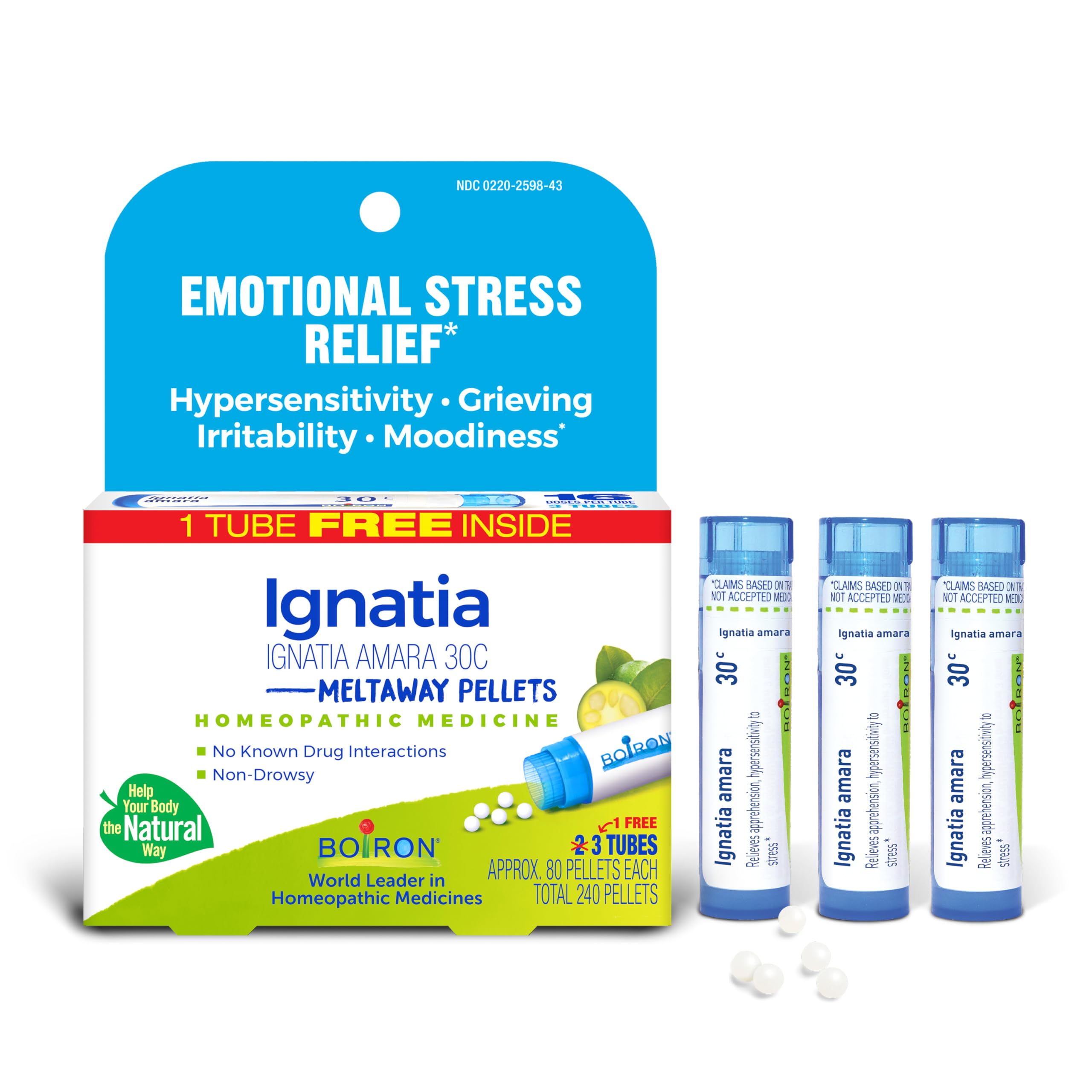 Boiron envase frontal mostrando el pack de tres tubos y conveniencia