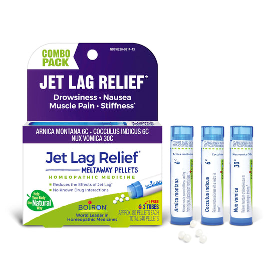 Boiron Jet Lag Relief Kit en empaque para alivio temporal durante el viaje.