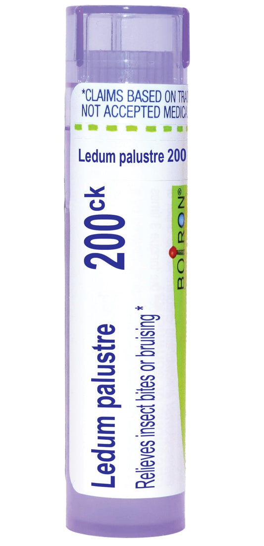 Boiron Ledum Palustre frente del envase mostrando el tubo portátil y beneficio práctico