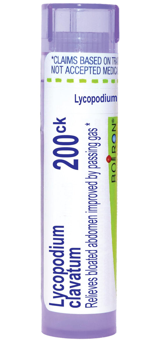 Boiron Lycopodium frasco frontal mostrando diseño y beneficio de portabilidad