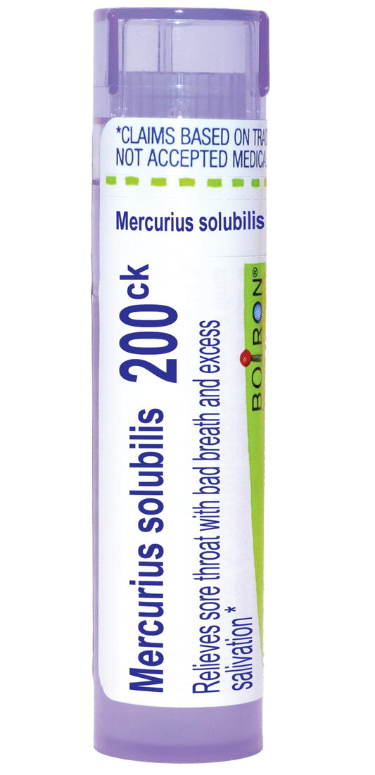 Boiron Mercurius Solubilis frontal mostrando tubo y etiqueta, cómodo para llevar