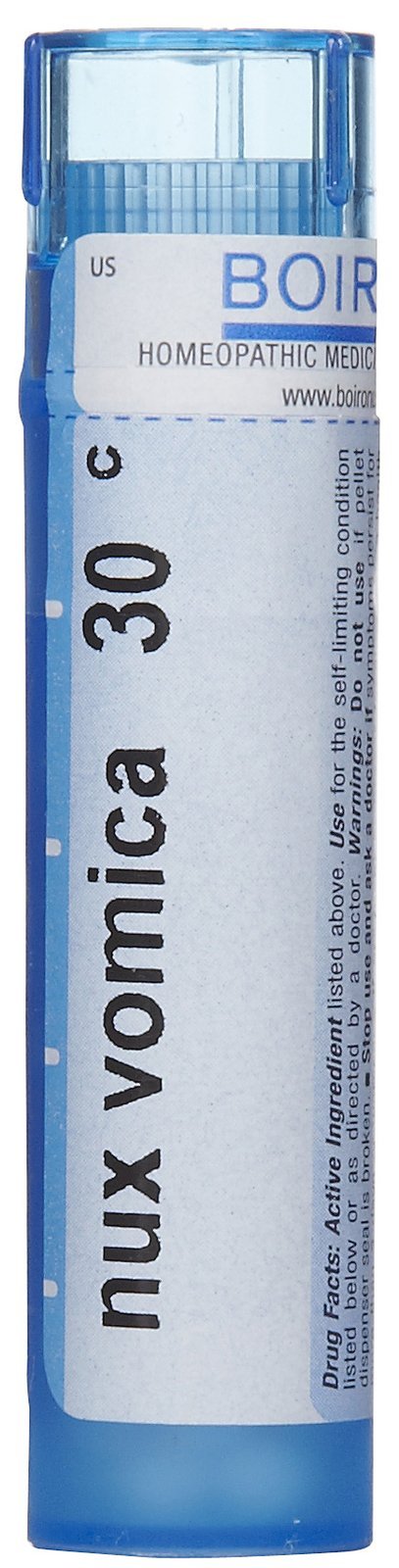 Boiron nux vomica frasco frontal, presentación y beneficio de fácil uso