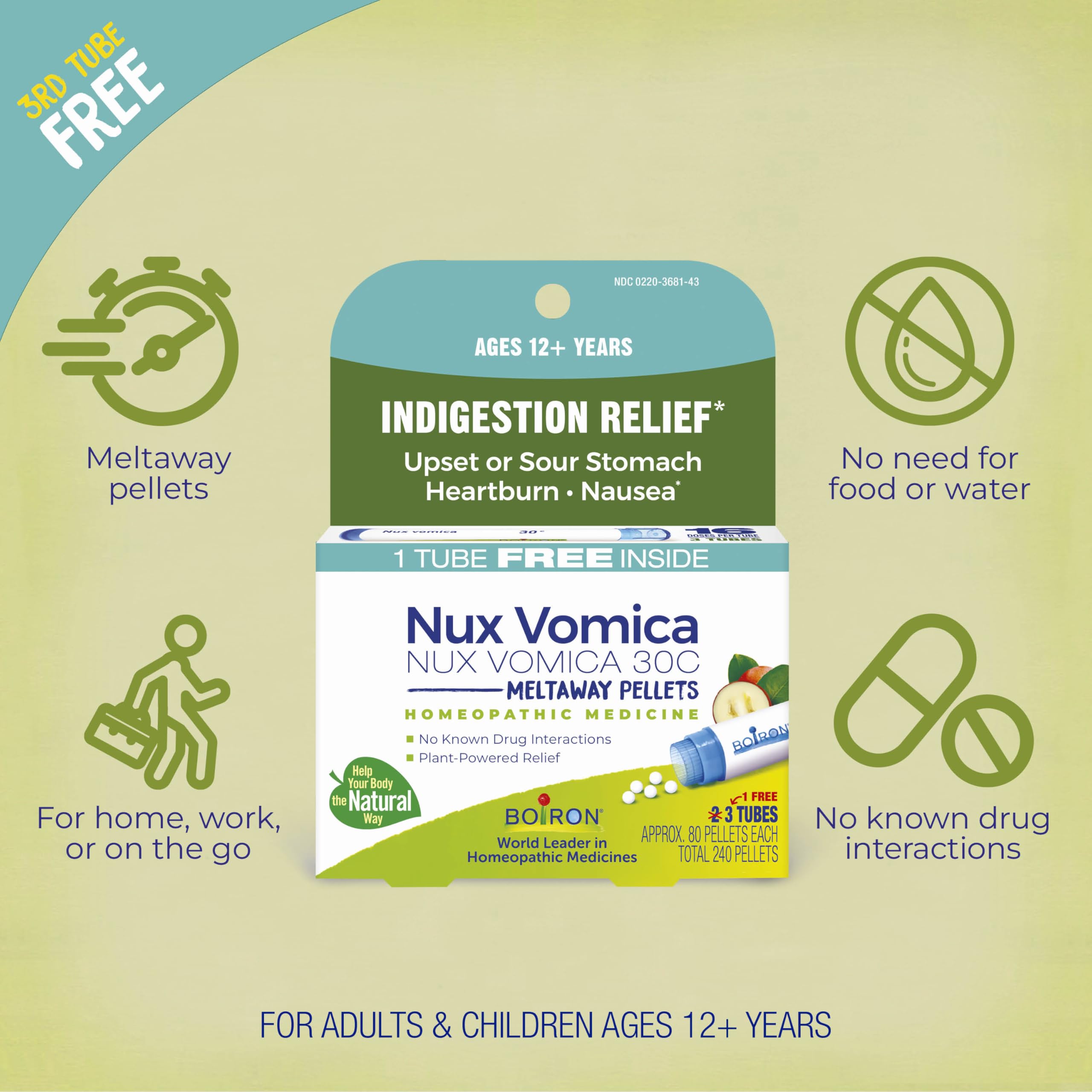 Boiron Nux Vomica tubo abierto con pellets listos para uso rápido