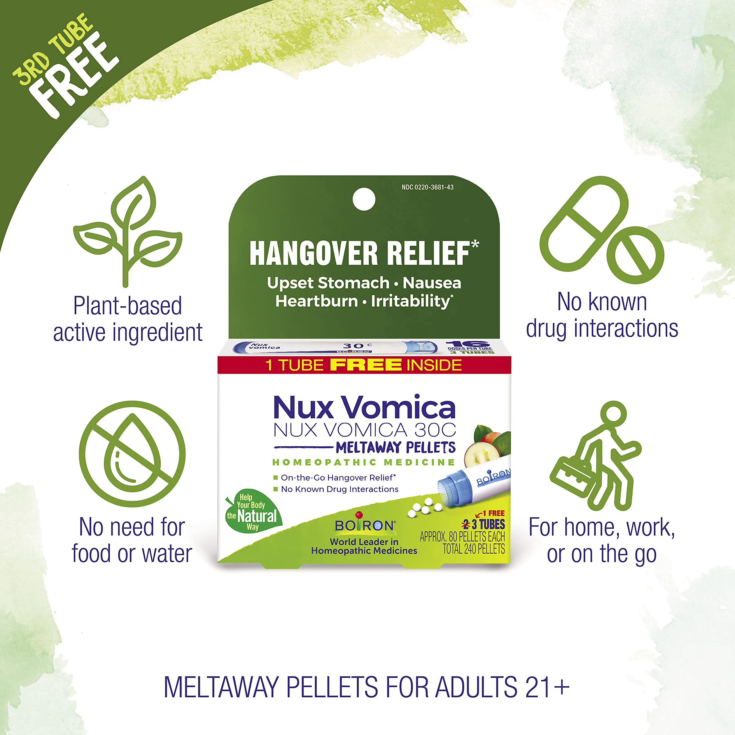 Boiron Nux Vomica tubos abiertos mostrando glóbulos, fácil dosificación Boiron
