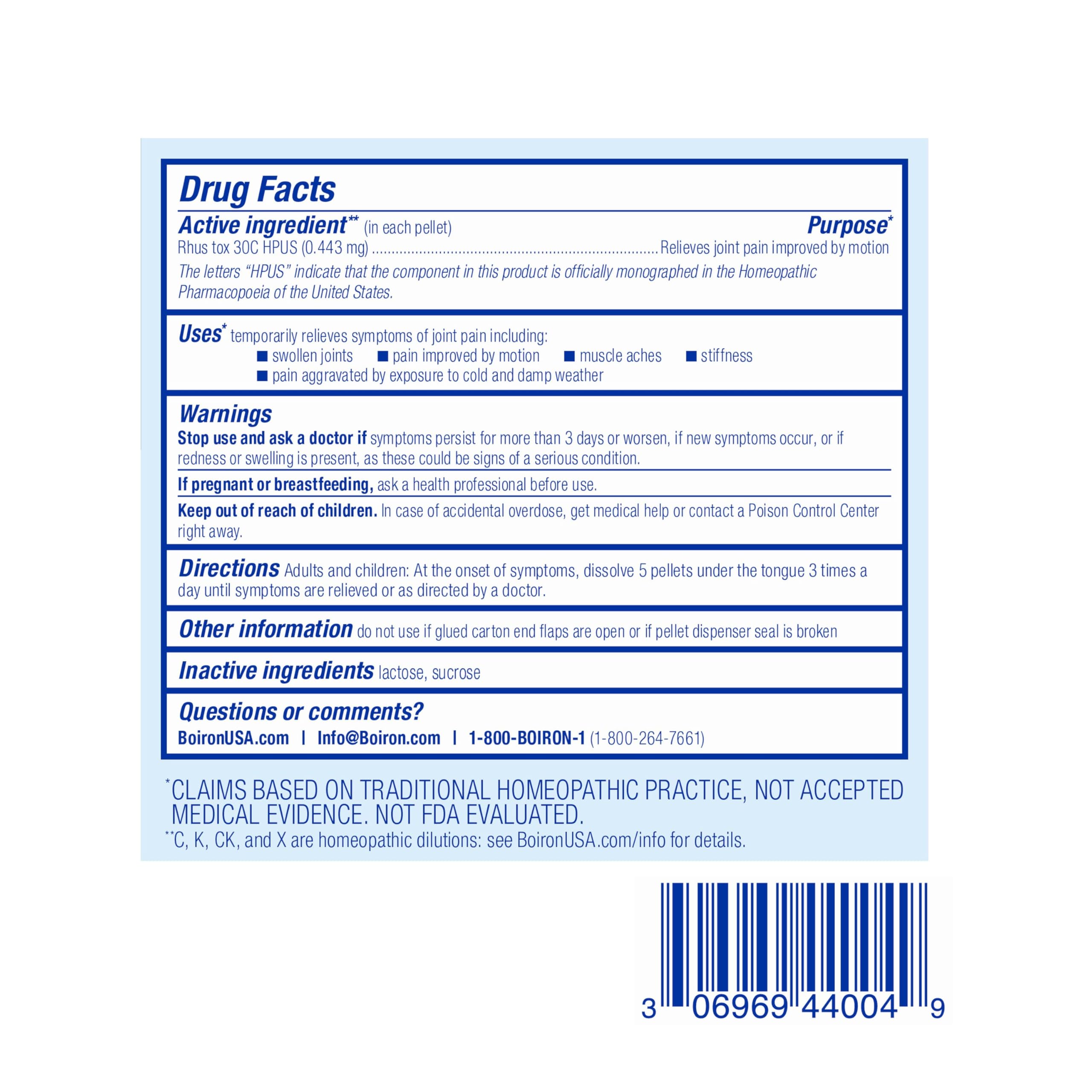 Boiron etiqueta con Rhus Tox 30C destacando ingrediente principal
