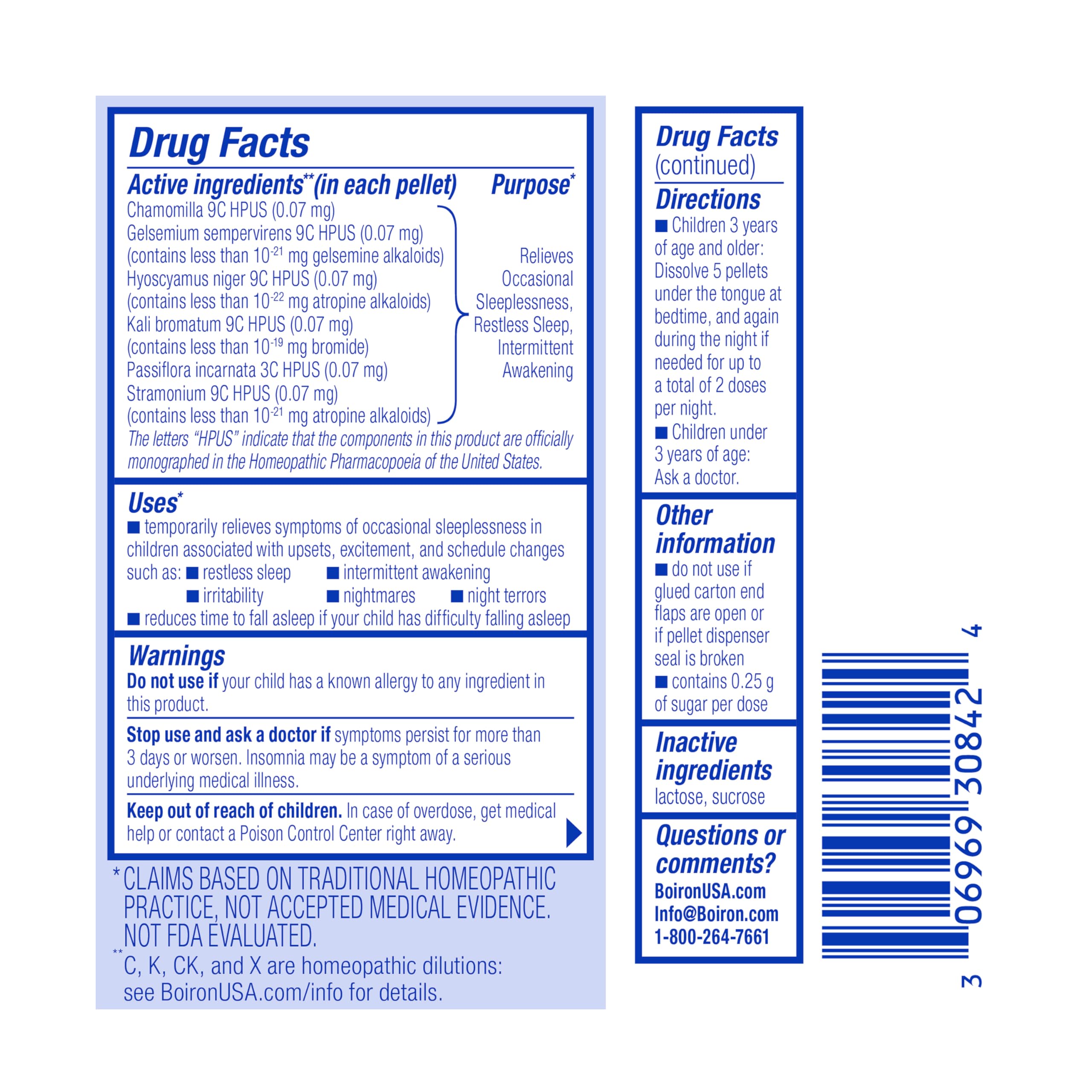 Boiron SleepCalm Kids etiqueta con lista de ingredientes y sin aditivos