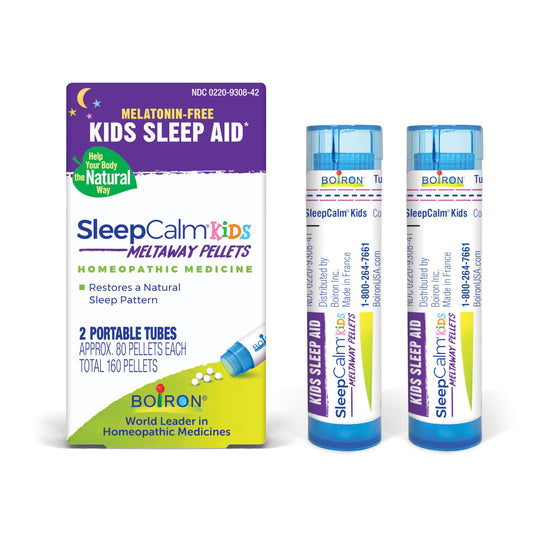 Boiron SleepCalm Kids empaque frontal que muestra presentación y beneficios