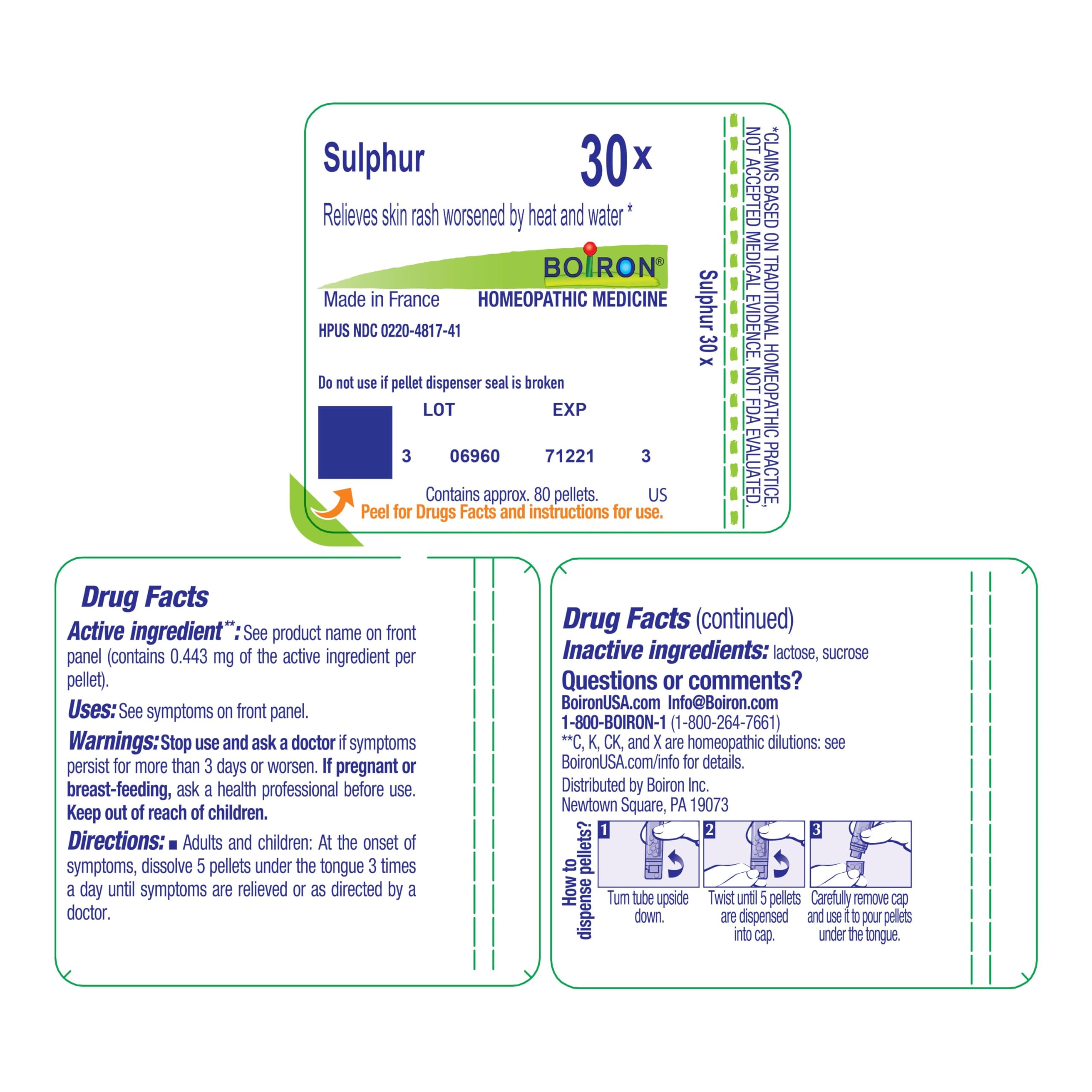 Ilustración de instrucciones Boiron Sulphur 30X para uso y dosificación clara