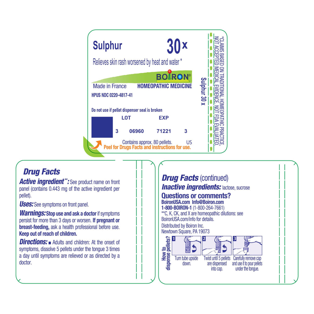 Ilustración de instrucciones Boiron Sulphur 30X para uso y dosificación clara