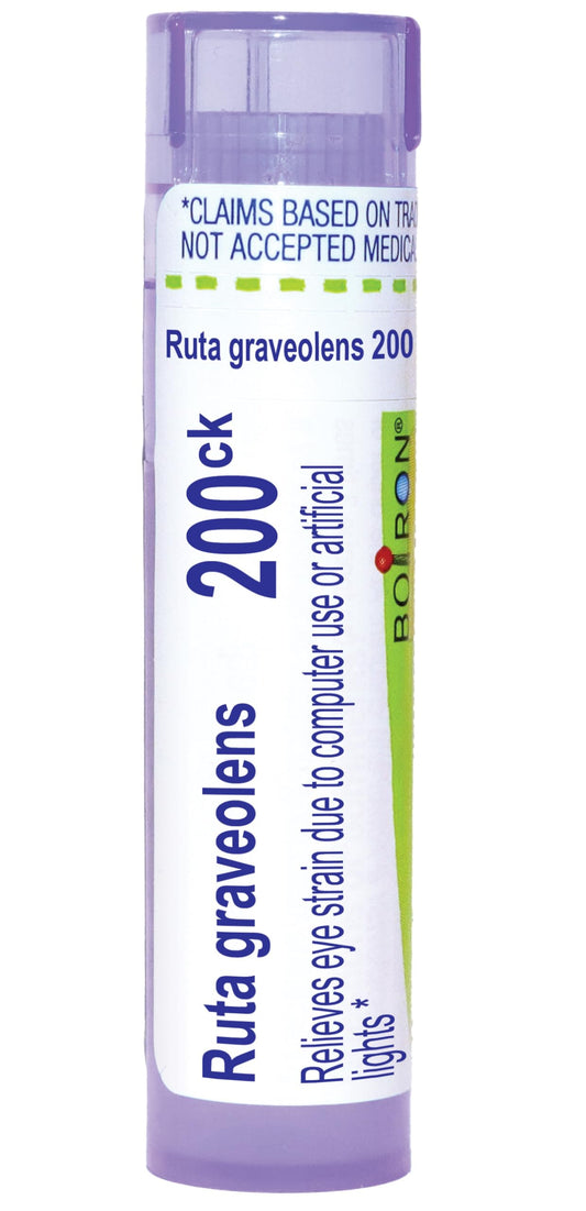 Boiron tubo frontal de Ruta Graveolens mostrando el envase práctico