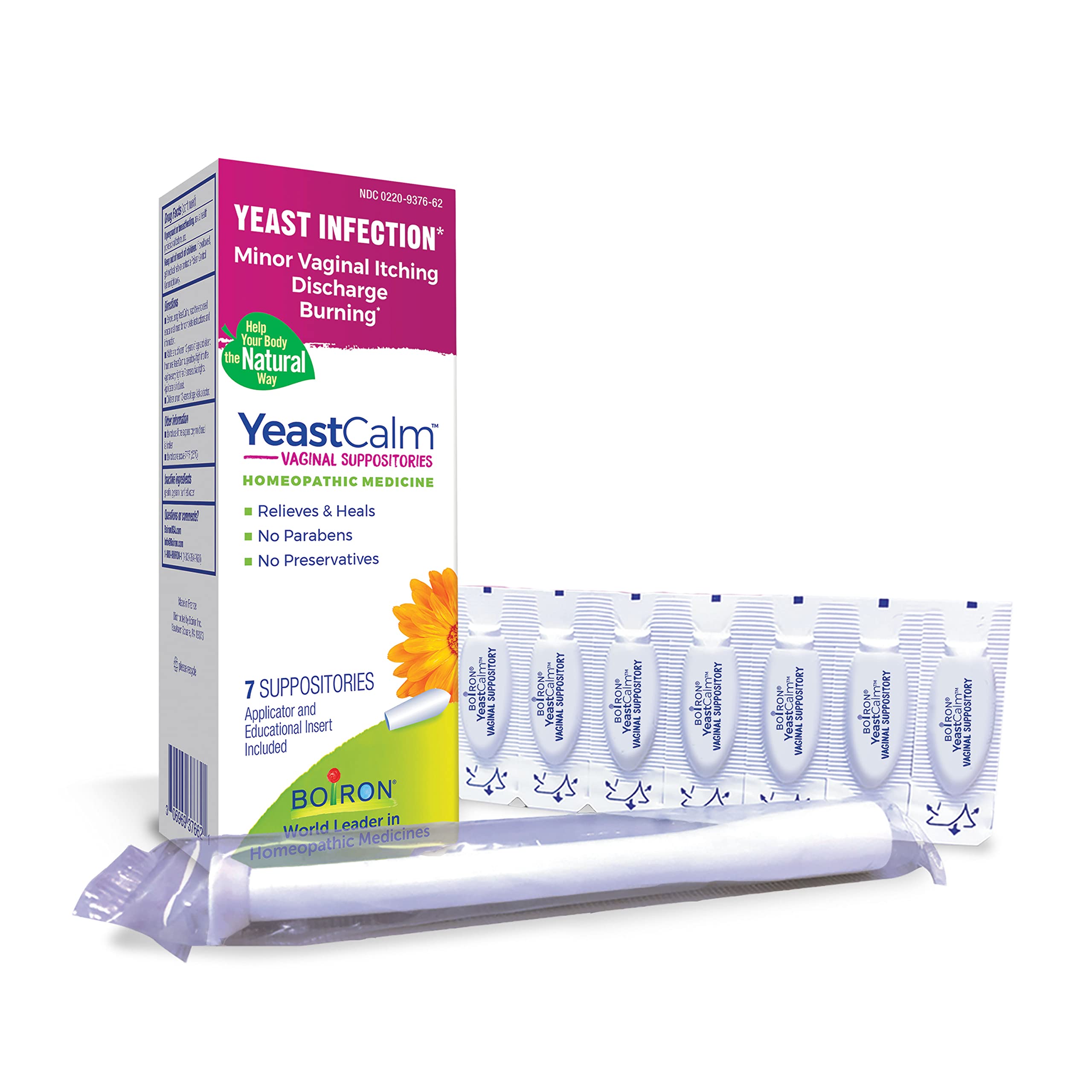 Boiron YeastCalm frente del empaque mostrando 7 supositorios y beneficios