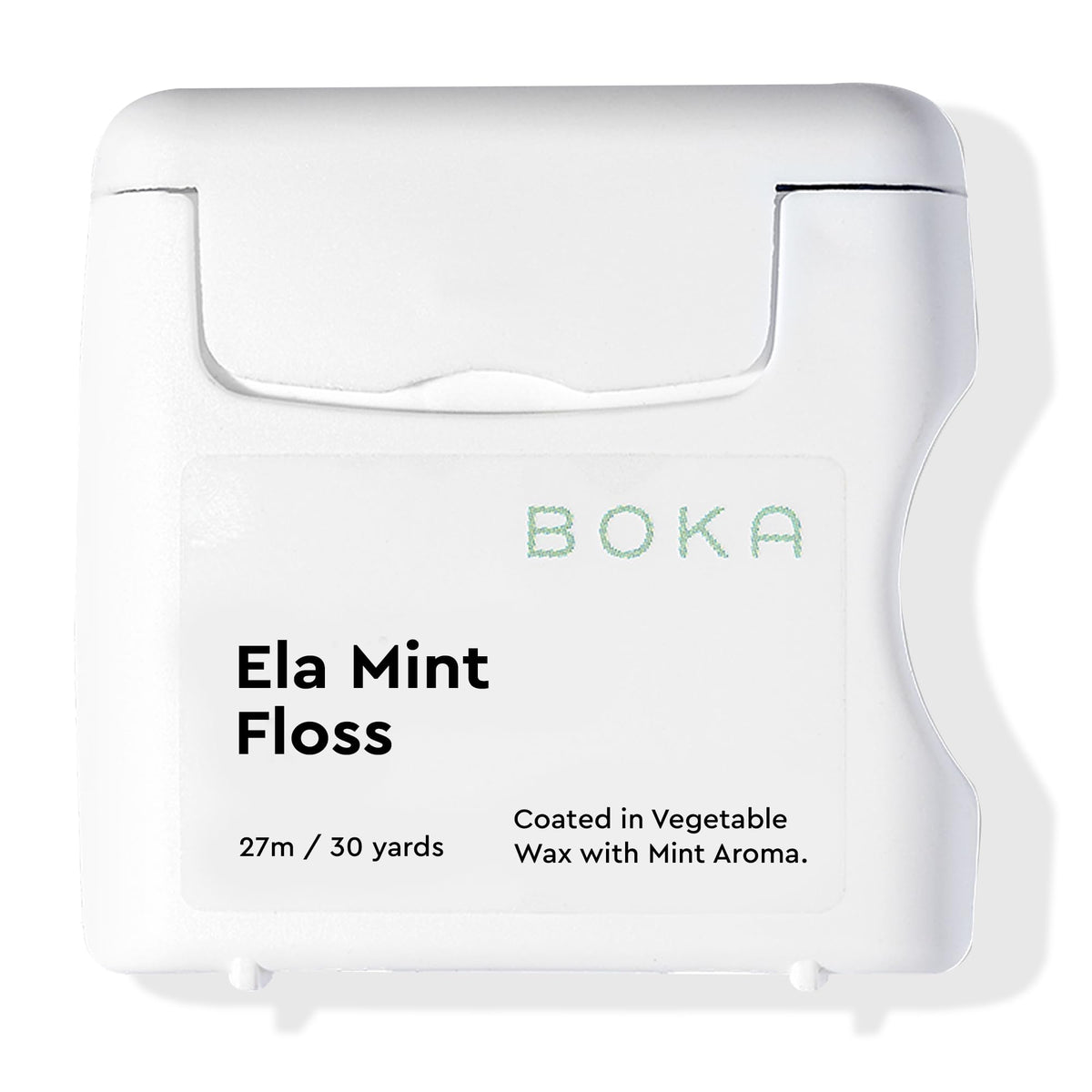 Boka envase frontal mostrando hilo dental expandible y fácil dispensado