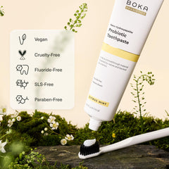 Boka etiqueta legible con ingredientes y beneficios para el esmalte