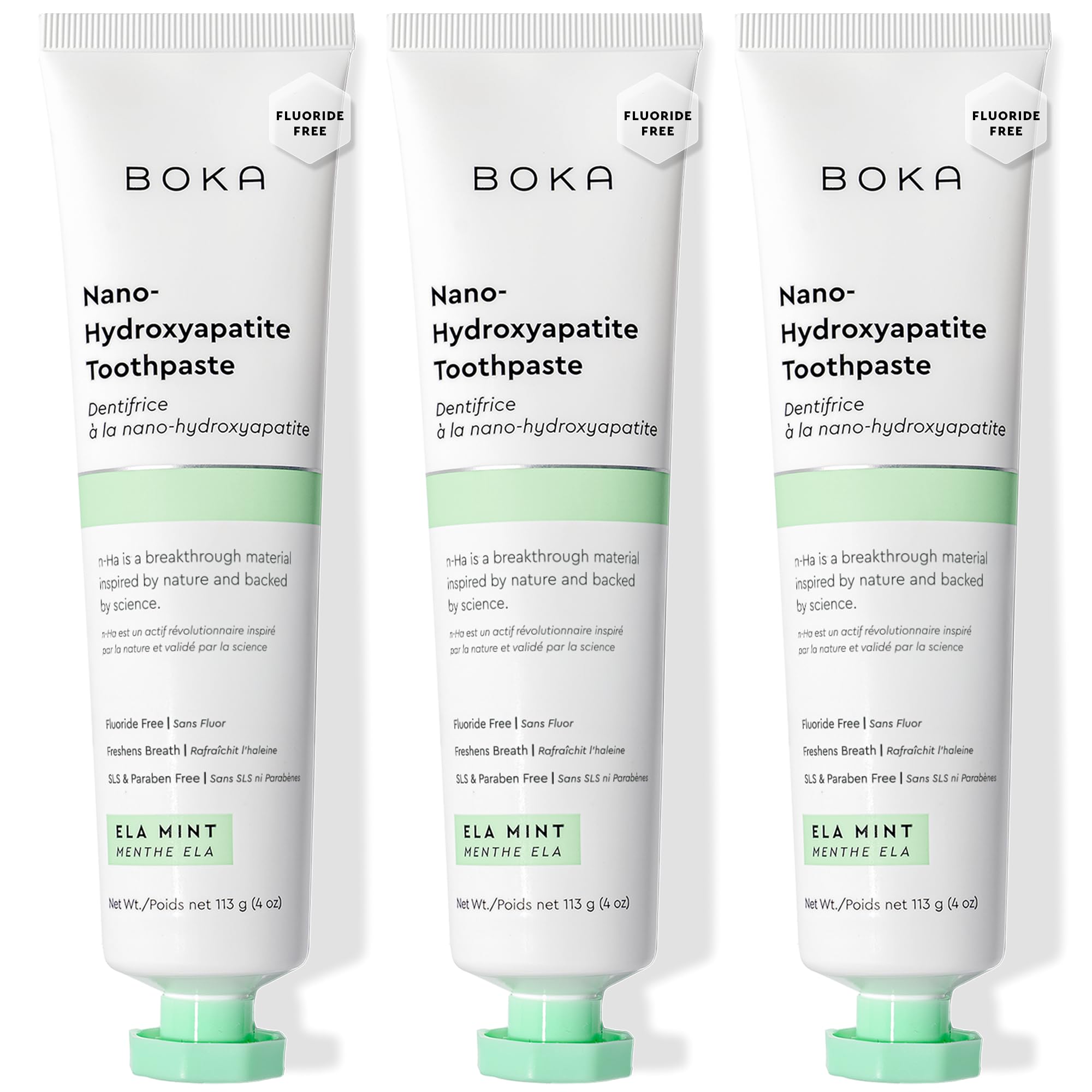 Boka frente del tubo mostrando el envase y beneficios de esmalte