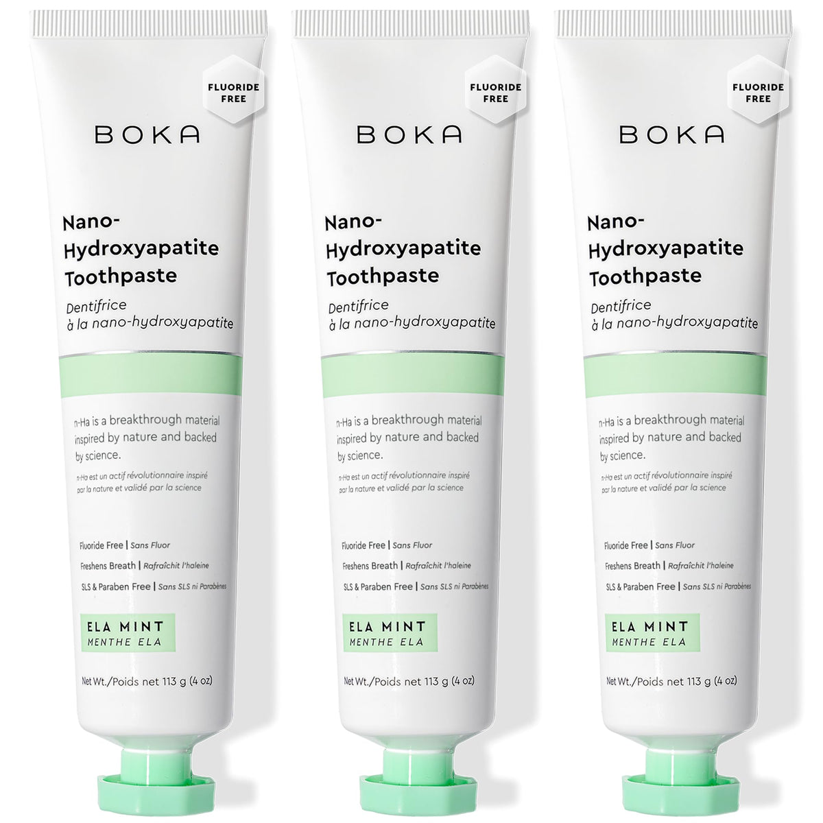 Boka frente del tubo mostrando el envase y beneficios de esmalte