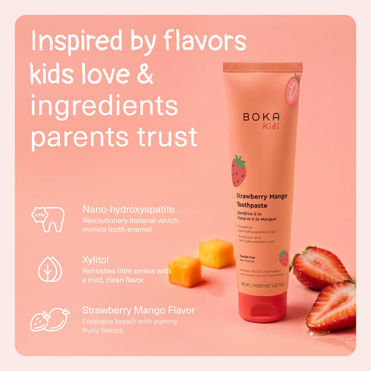 Boka textura de pasta suave fresa‑mango que facilita el cepillado y agrada al niño